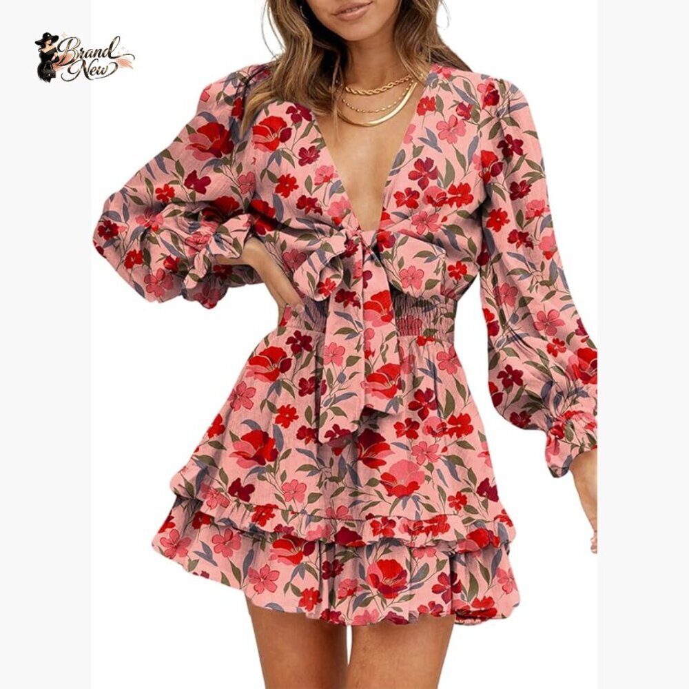 Long Sleeve Mini Dress With Deep V Neck And Tie Back, Casual Swing Skater Style